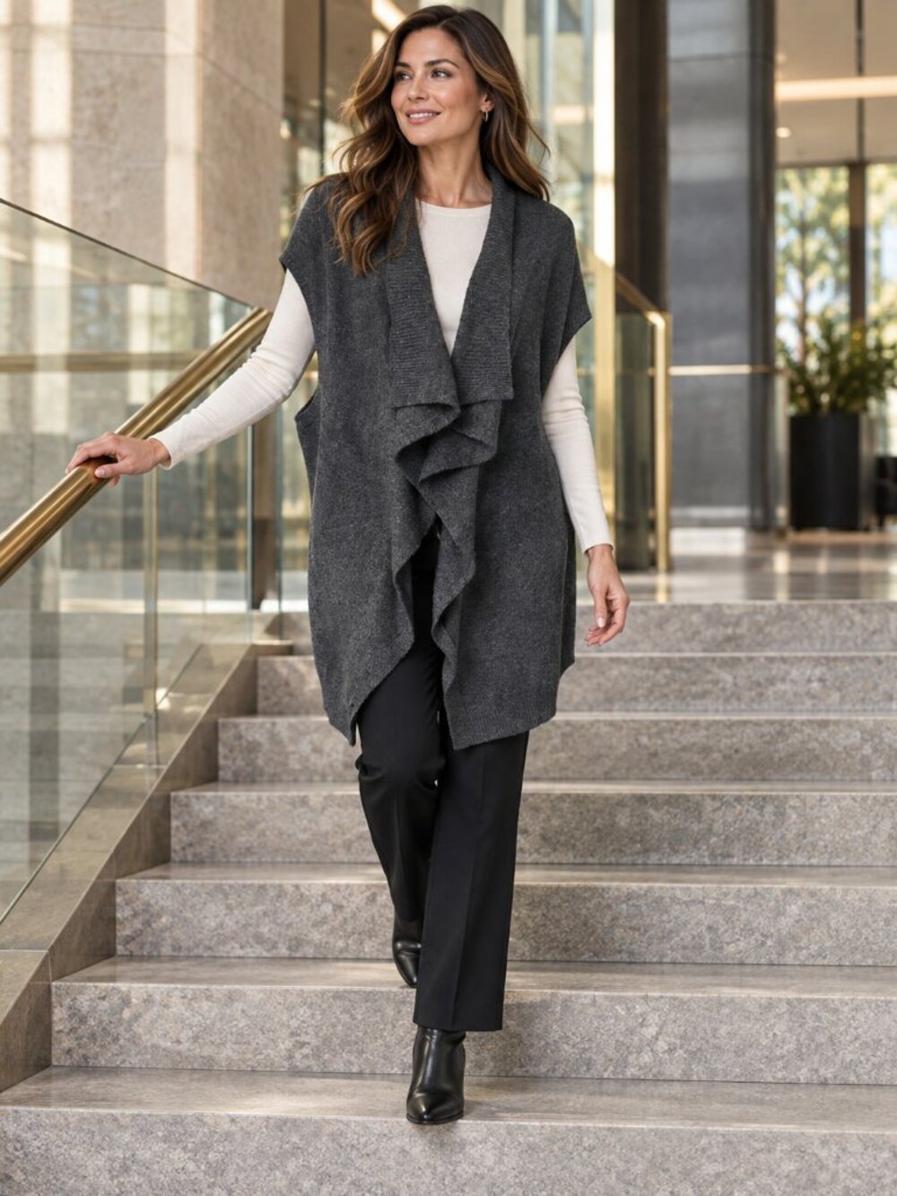 DKNY Cozy Convertible Lambswool Draped Cardigan Wrap M/L Charcoal Gray